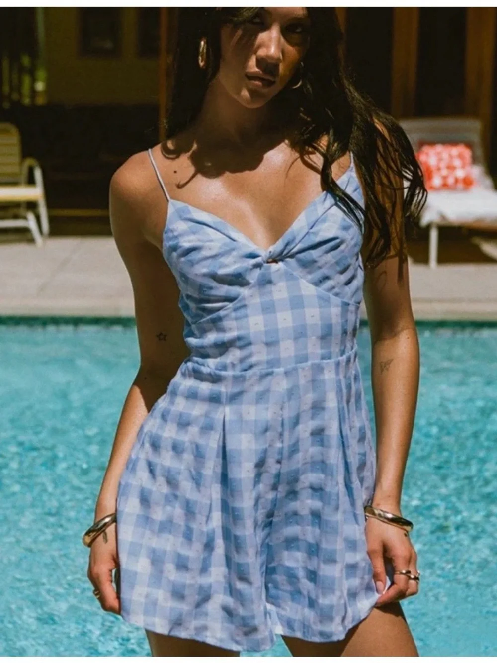 Princess Polly Blue and White Checkered Spaghetti Strap Romper. Size 8